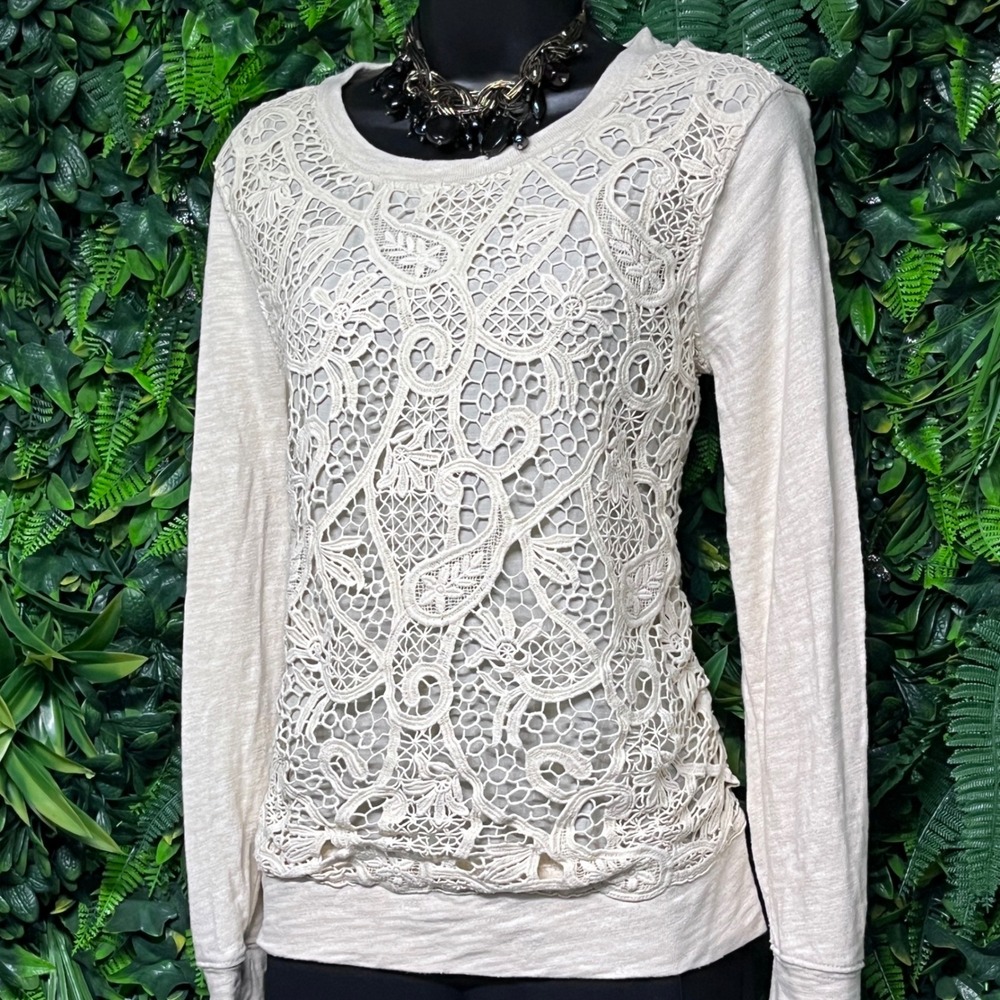J. Crew‎ Sweatshirt Small Cream Lace Front Crew Neck Long Sleeve Top Women  3335